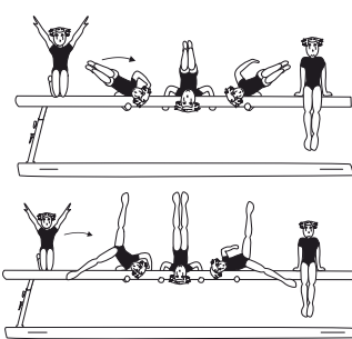 Roll swd, body tucked, straddle
piked or stretched through neck
stand, also with Â½ turn (180Â°) over
shoulder