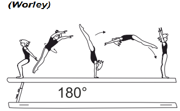 Jump bwd (flic-flac take-off) with
Â½ twist (180Â°) to handspring fwd
land on 2 feet