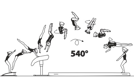Handspring fwd on â€“ tucked
salto fwd with 1Â½ twist (540Â°) off