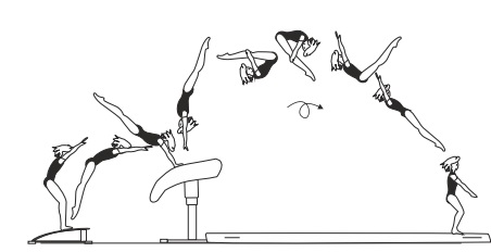 Handspring fwd on â€“ piked salto
fwd off