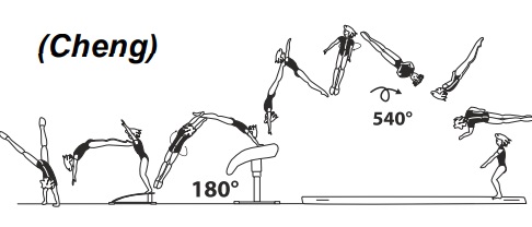Round-off flic-flac with Â½ turn (180Â°)
on â€“ stretched salto fwd with 1Â½ twist
(540Â°) off 